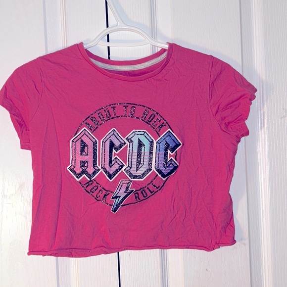 AC/DC Tops - Y2K AC/DC OMBRE PINK BLUE CROP TOP GLITTER ROCK ROLL BABY TEE T-SHIRT SHIRT